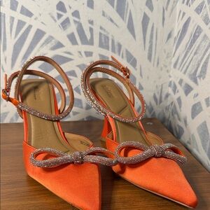 Chic Orange Satin Heels with Bow Detail